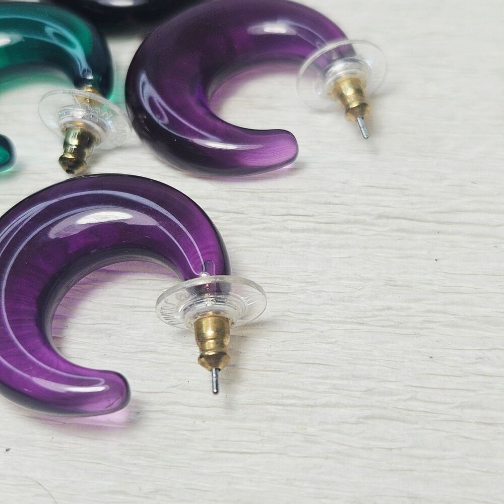 Joan Rivers 4 Pr Clear Puffy Hoop Earrings Green Black Purple Brown - Picture 3 of 12